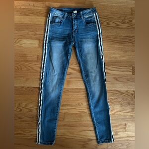 Blue Skinny Jeans withBlack and  White Stripes